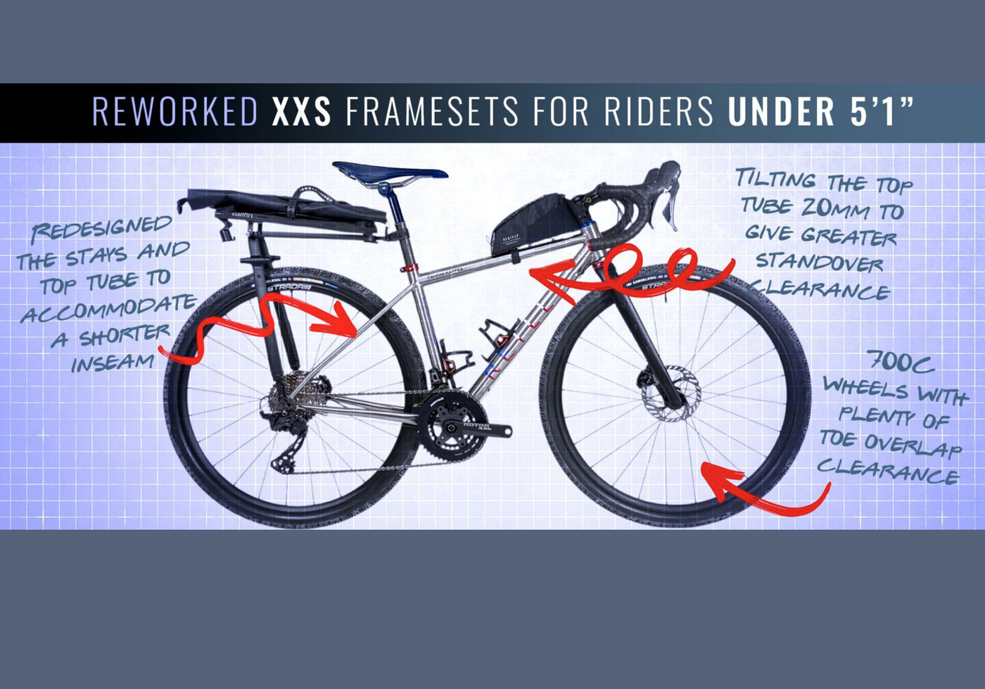 A titanium bike with handwritten anotations.