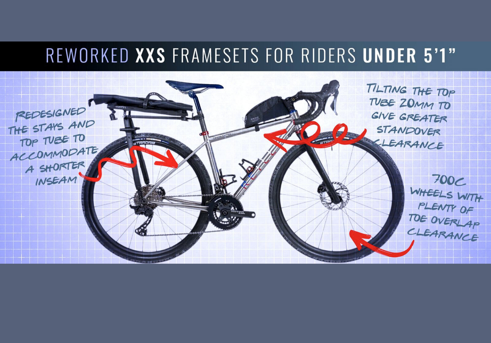 A titanium bike with handwritten anotations.