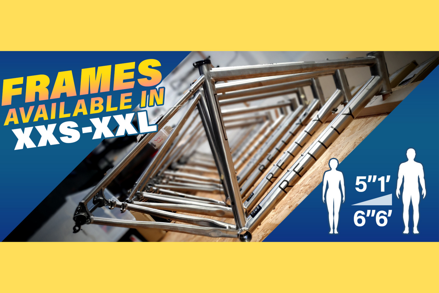 Many frames hanging on a wall with wording Frames Available in XXS to XXL written to the lefthand side.