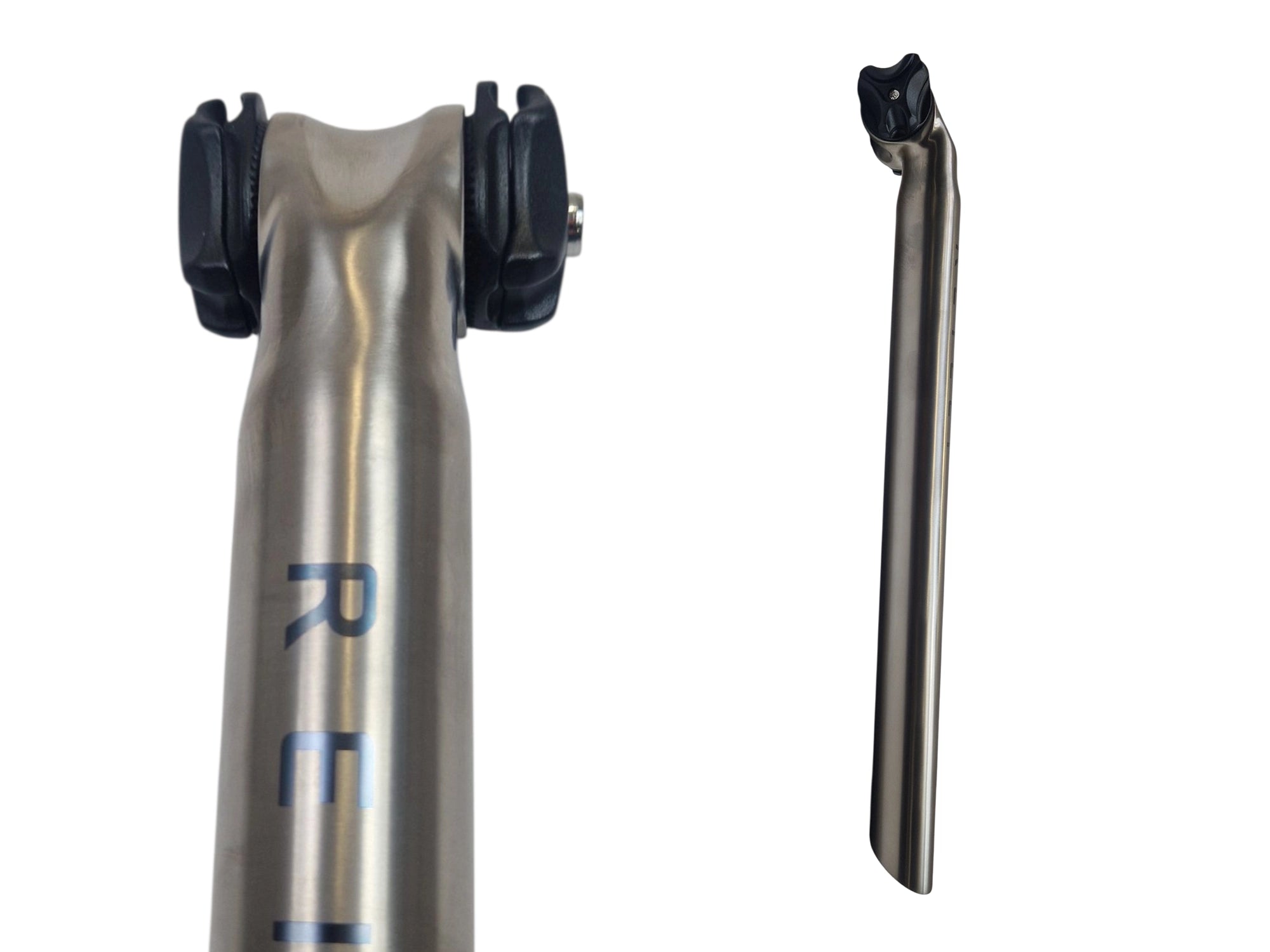 15 mm bicycle seat post and clamp on a white background
