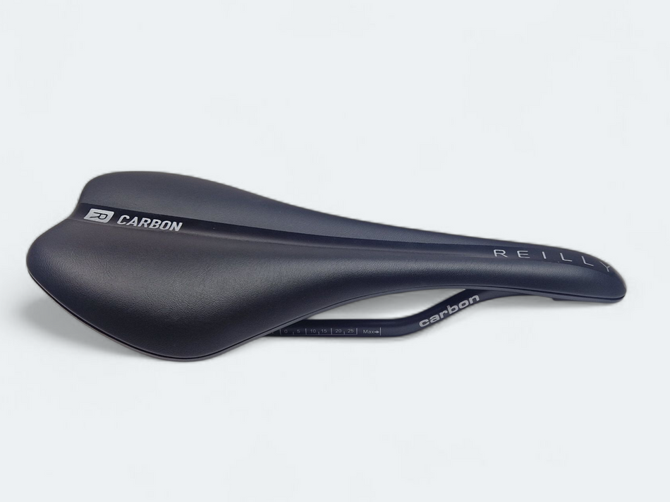Black bicycle saddle with 'REILLY' branding on a white background