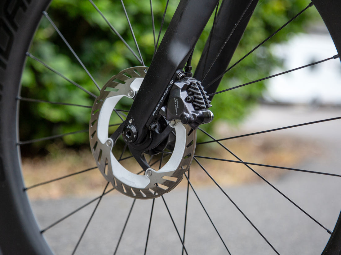 Close-up of a bicycle's front wheel hub, showing a black frame, silver disc brake rotor, and brake caliper, with a blurred outdoor background of green foliage and pavement.