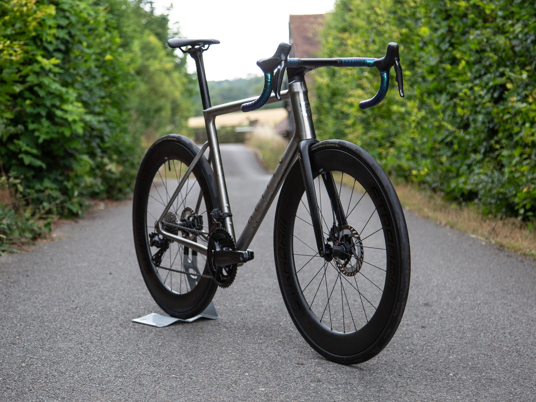 A dark gray road bicycle with black wheels and handlebar tape, parked on an asphalt path with green hedges on both sides.