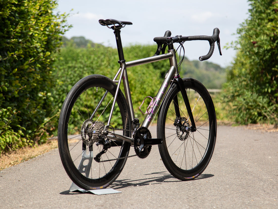 A road bicycle with a metallic silver-gray frame, black components, and black wheels, parked on a paved path outdoors with green hedges and trees in the background.