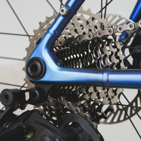 Close-up of a bicycle rear cassette, chainring, and blue frame component with no person or environment visible.