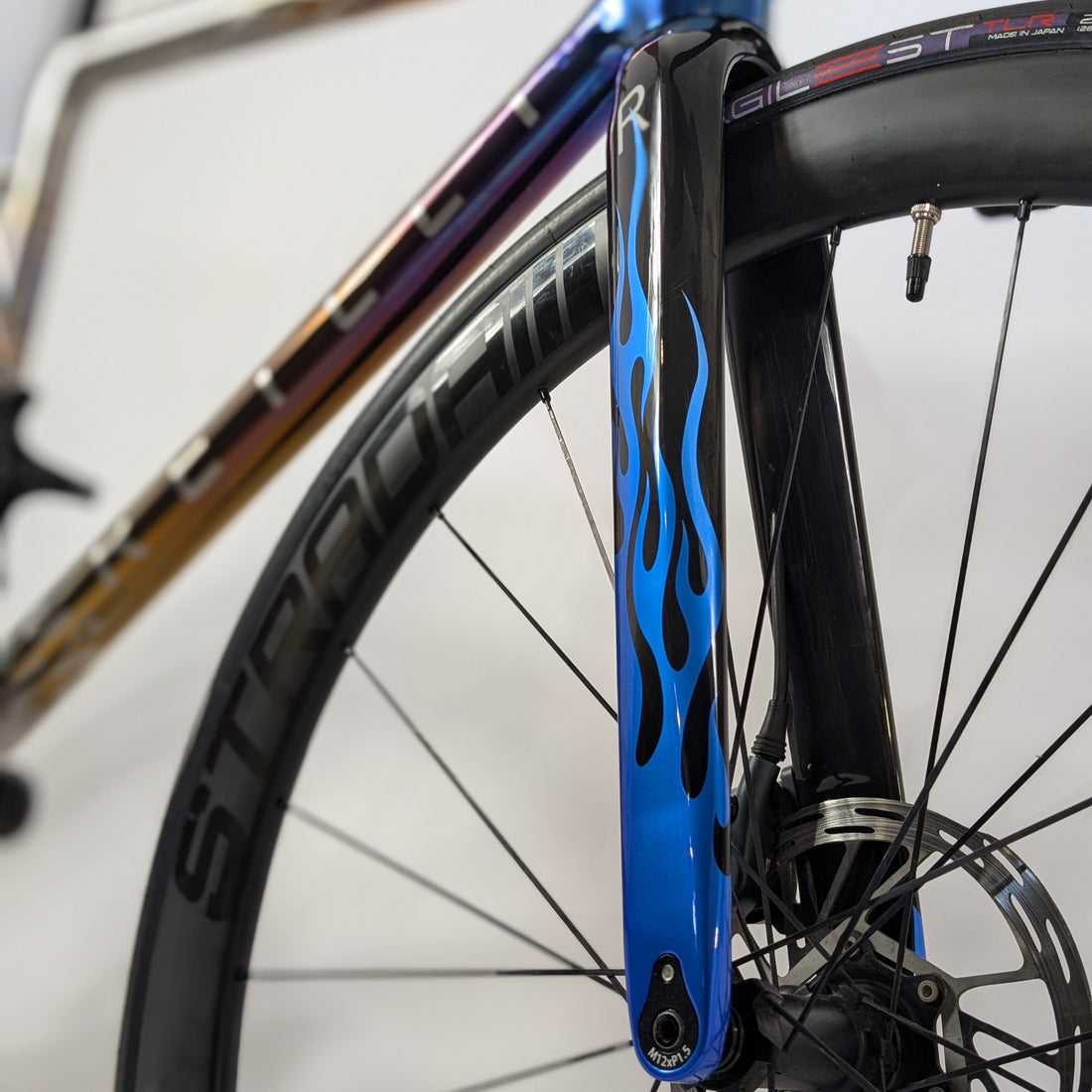 Fire and flames decal on carbon fibre bicycle forks 