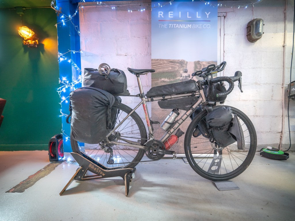Reilly titanium bicycle with frame bags attached