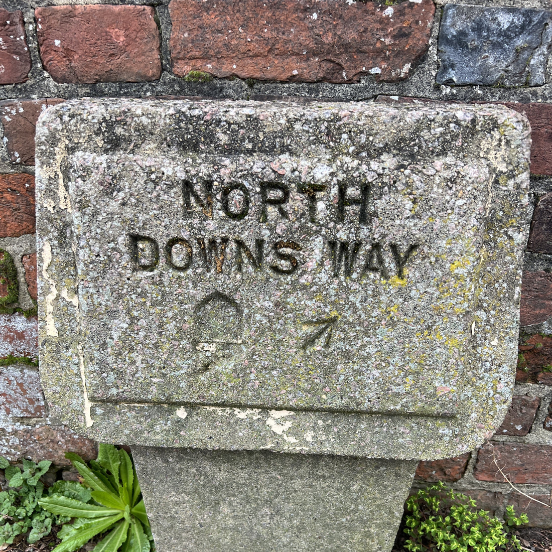 A weathered stone directional marker engraved with the words 'NORTH DOWNS WAY' and a north arrow, set against a red brick wall with small green plants at the base.