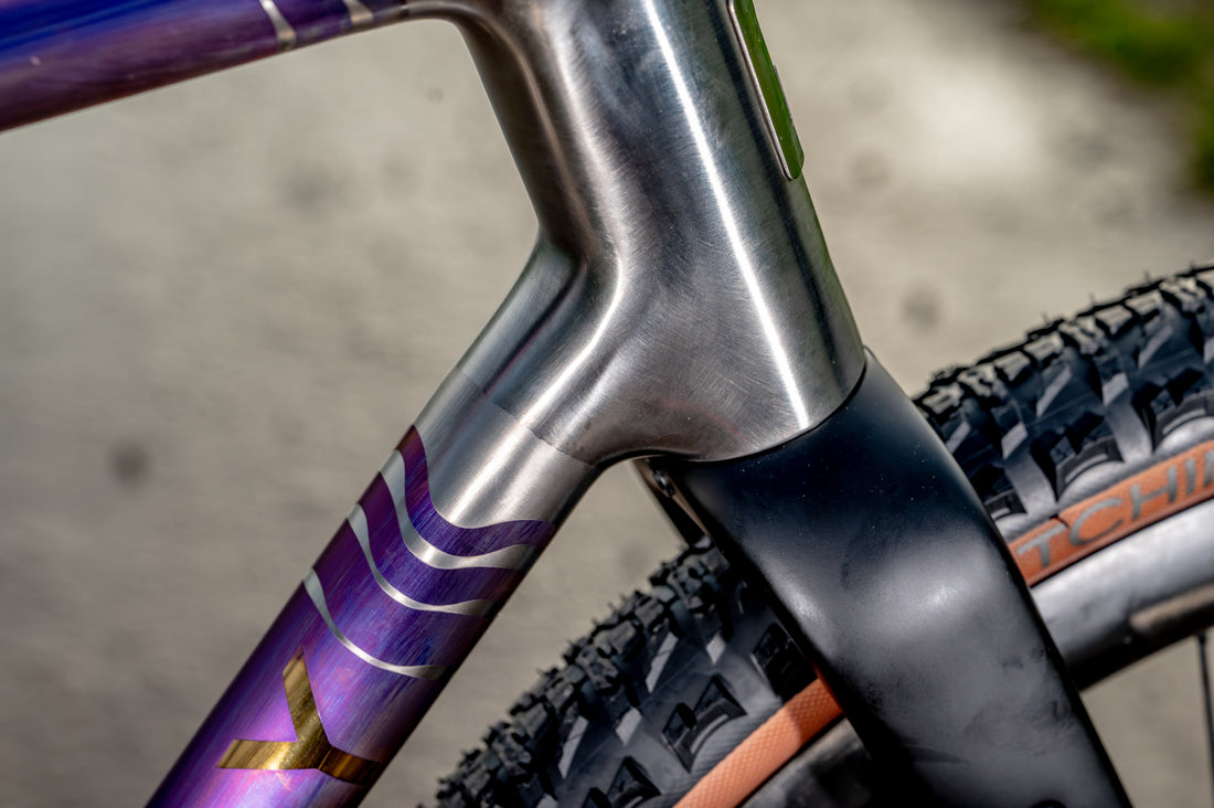 Close-up of a bicycle frame with a metallic silver seat tube, purple and gold graphics on the down tube, and part of a black tire visible against a blurred outdoor background.