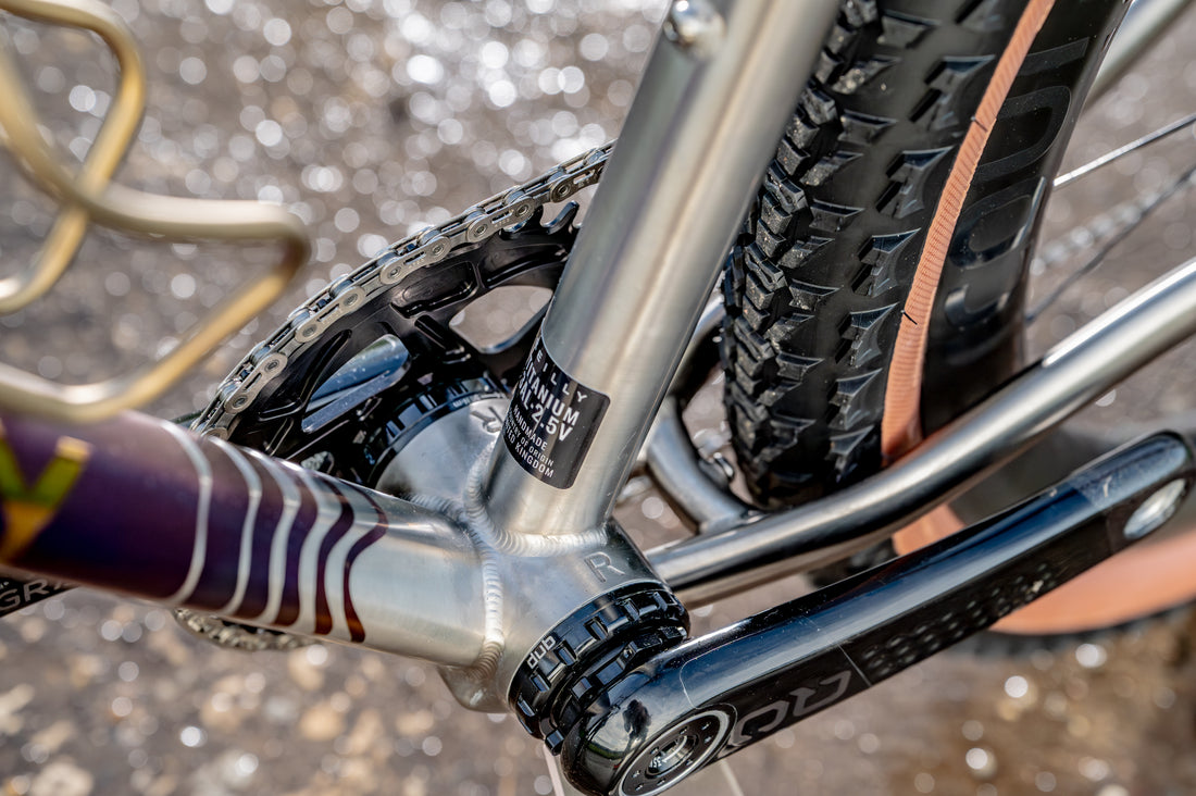 Close-up detail of a bicycle crankset and frame, showing a black chainring, black crank arm, silver fork tube, and part of a purple-and-white handlebar against a blurred outdoor ground background.