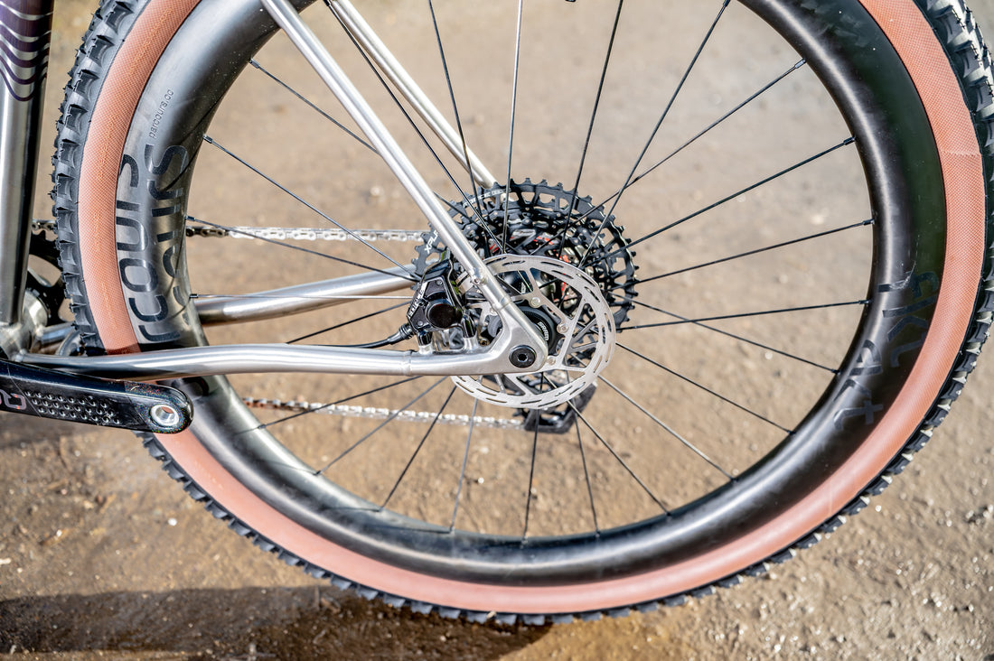 Close-up of a bicycle rear wheel with a black rim, tan sidewall tire, silver chainstay, and a black cassette on a dirt ground background.