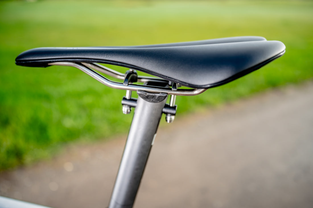 Close-up of a black bicycle saddle mounted on a silver seat post, photographed outdoors with a blurred green grassy background and paved path.