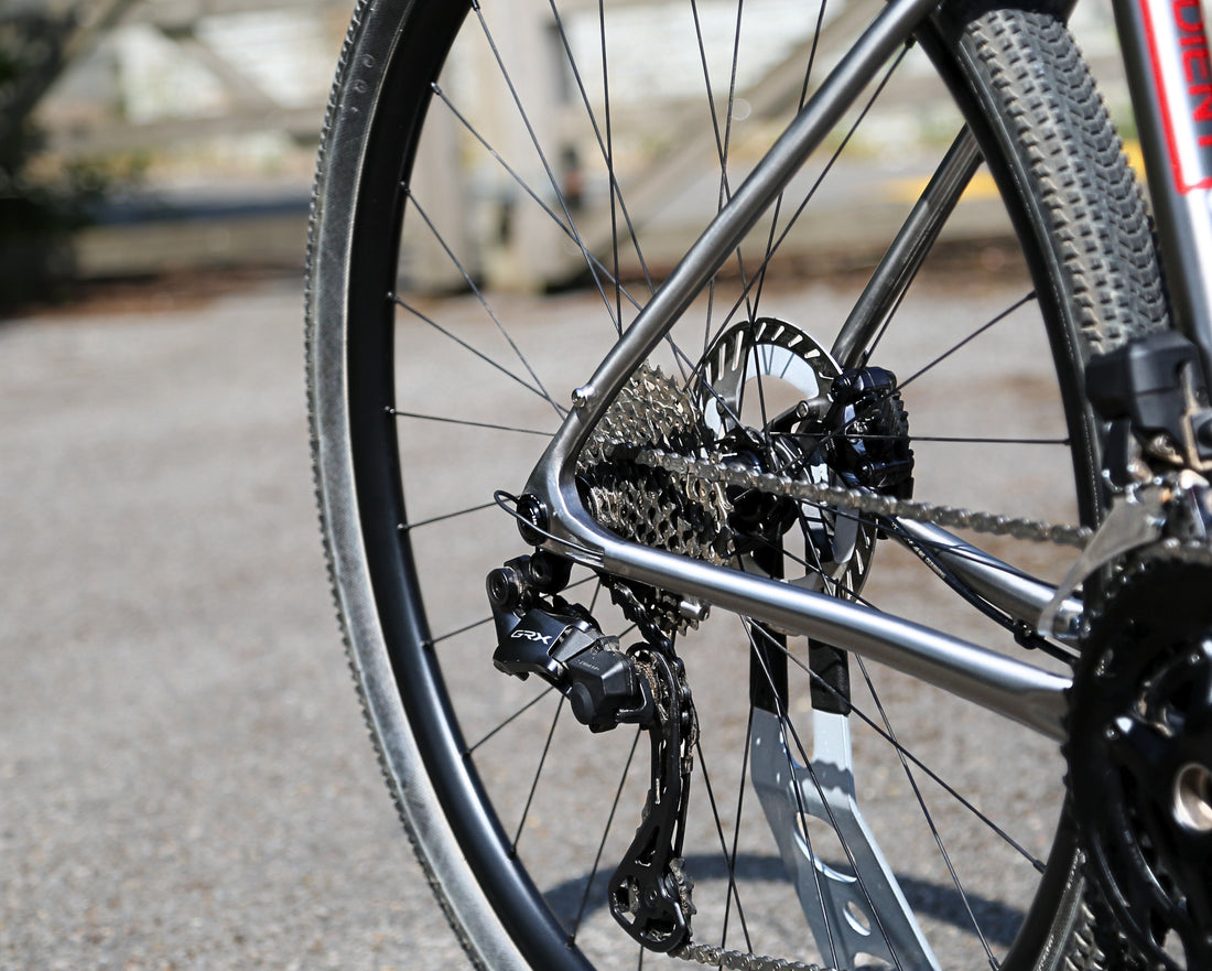Close-up of a bicycle's rear wheel and drivetrain, showing the rear wheel, chainring, cassette, chain, derailleur, and silver frame against an outdoor blurred background.
