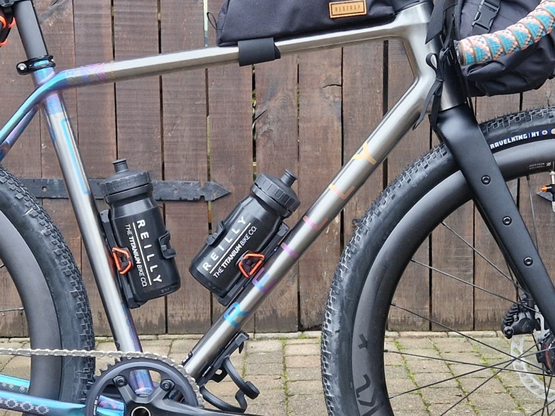 Close up of a titanium bike