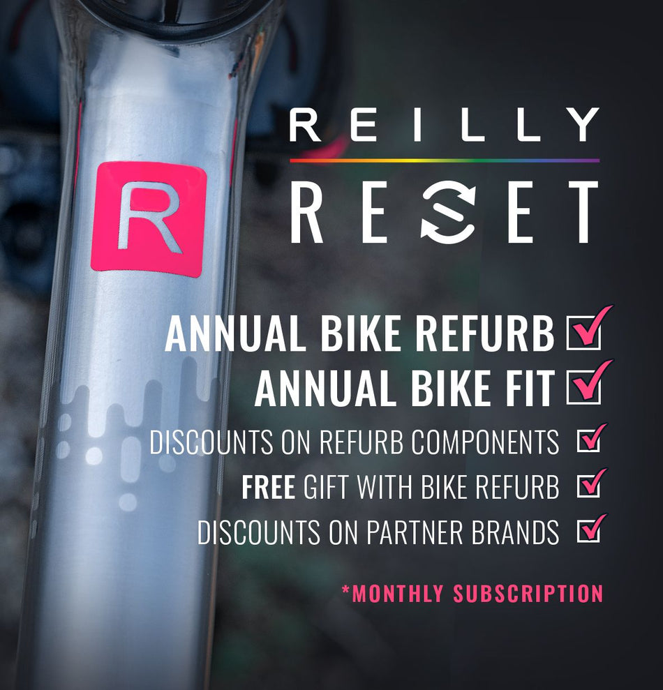 Promotional graphic for Reilly Reset bike refurbishing services with a close-up of a bike frame.