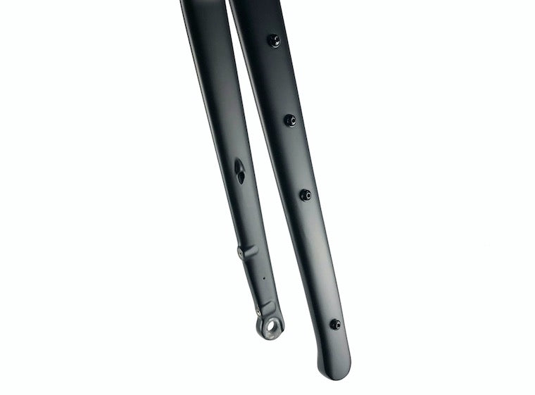 Matte black carbon fibre gravel bike forks with accessory mounting eyelets