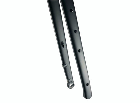 Matte black carbon fibre gravel bike forks with accessory mounting eyelets