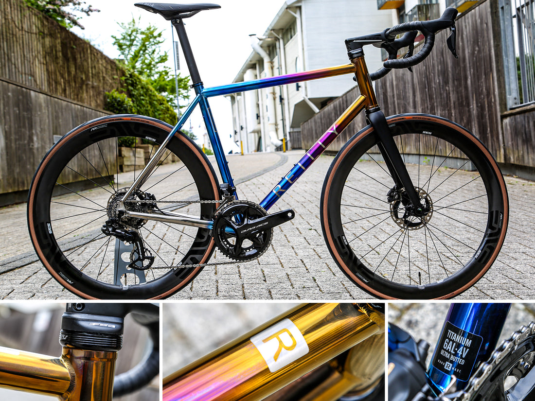 Custom Reilly titanium bike with multi-coloured surface finish
