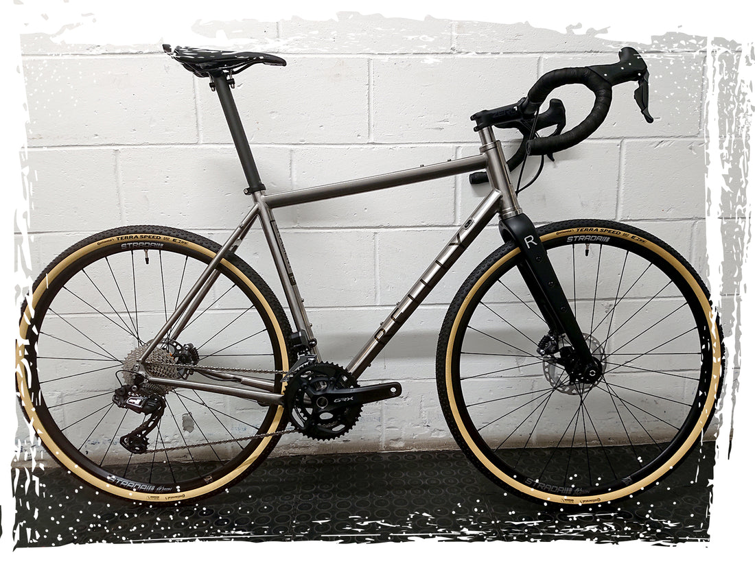 silver Reilly titanium bike photographed in front of a white wall.