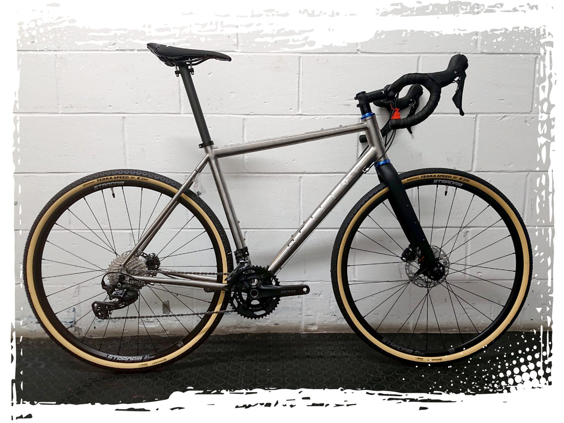 custom Reilly titanium bike silver with blue accents