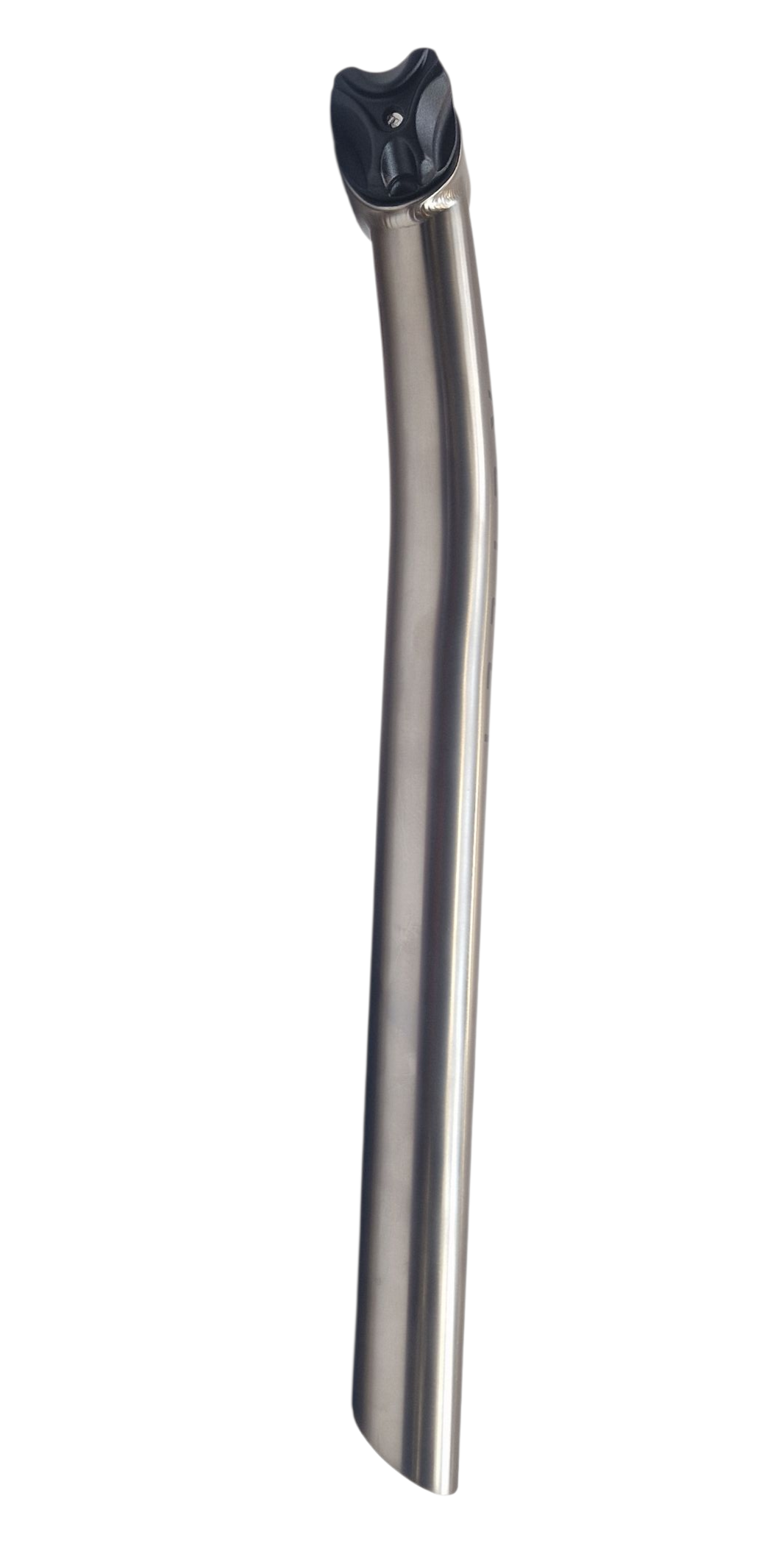 Titanium bicycle offset seat post on a white background