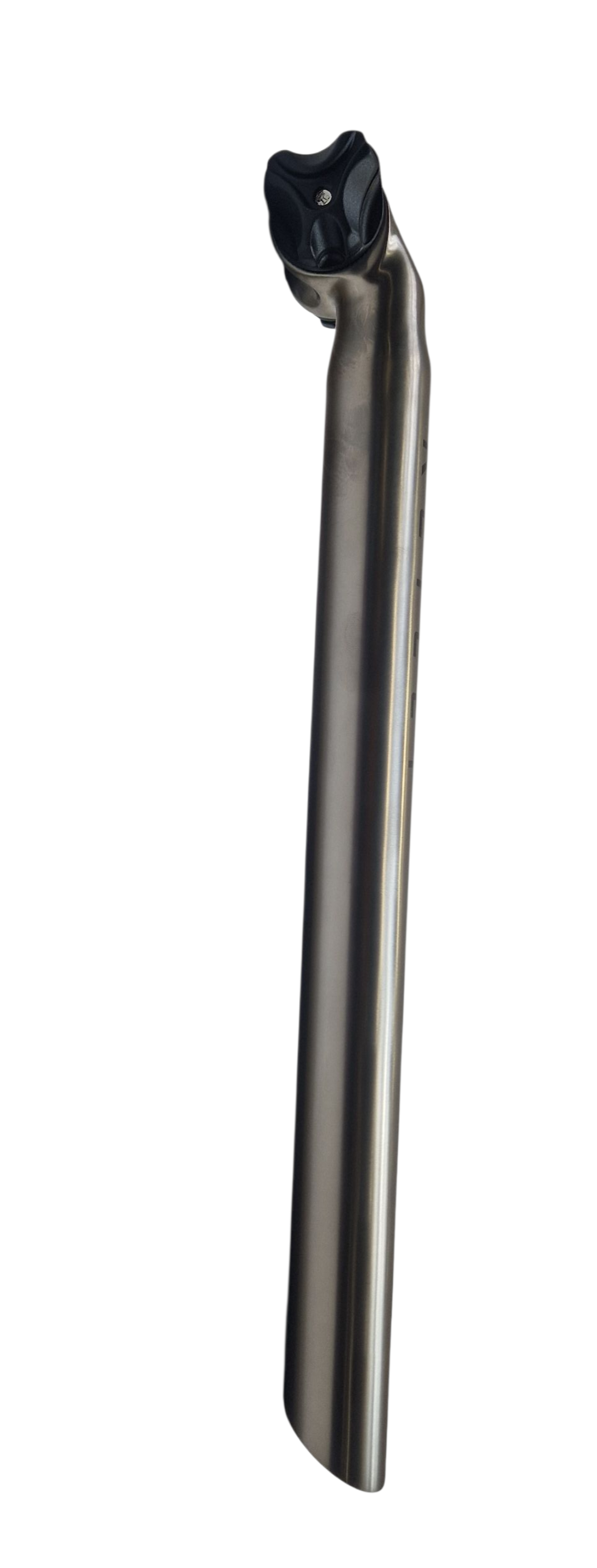 Titanium seat post offset 15mm seatpost on white.