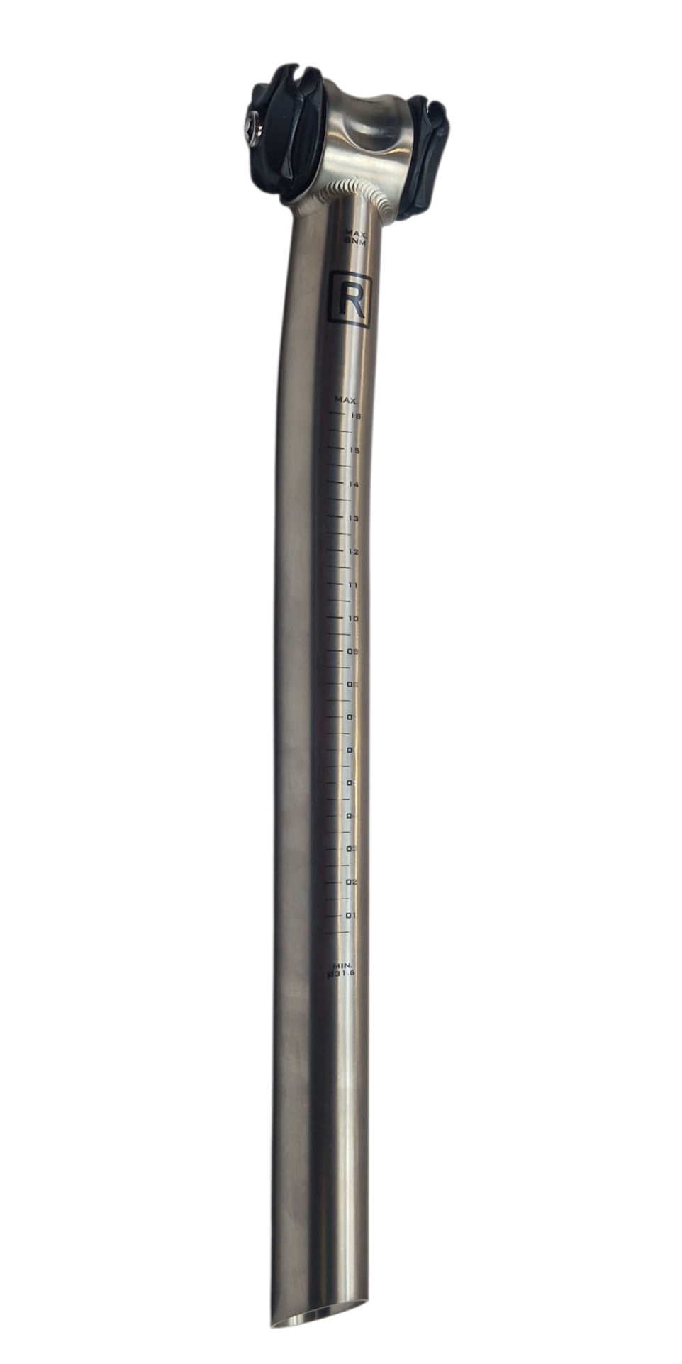 Bicycle seat post with brand logo on a white background