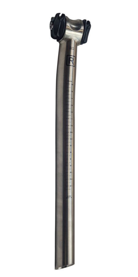 Bicycle seat post with brand logo on a white background