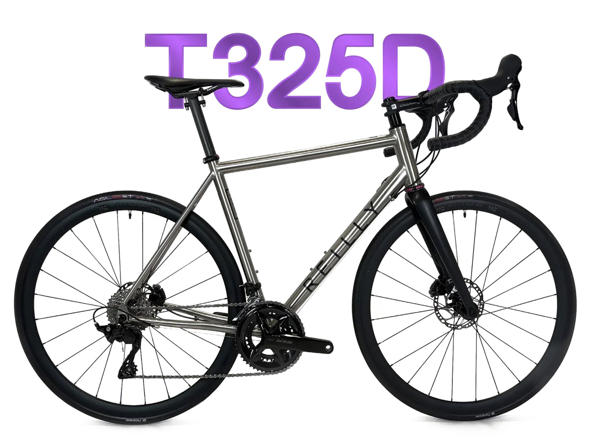 Silver bicycle with black components on a white background, featuring the text 'T325D'.