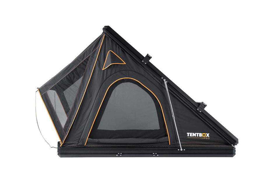 A black Tentbox Air tent with orange trim and mesh windows, shown from a side profile view against a solid white background.