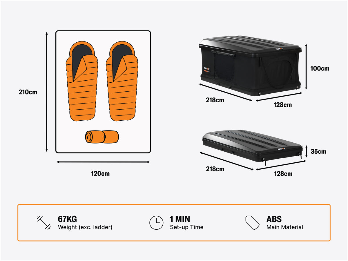 Measurement chart comparing sleeping bags, a black box, and an inflatable mattress on a white background.