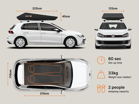 Car roof rack system with dimensions and features displayed on a white background