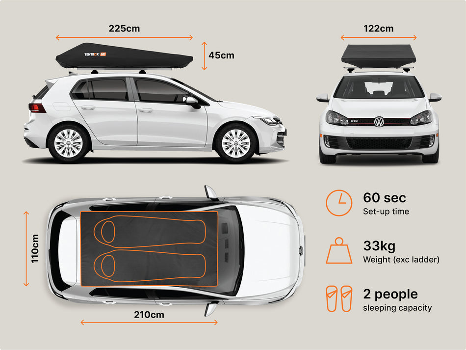 Car roof rack system with dimensions and features displayed on a white background