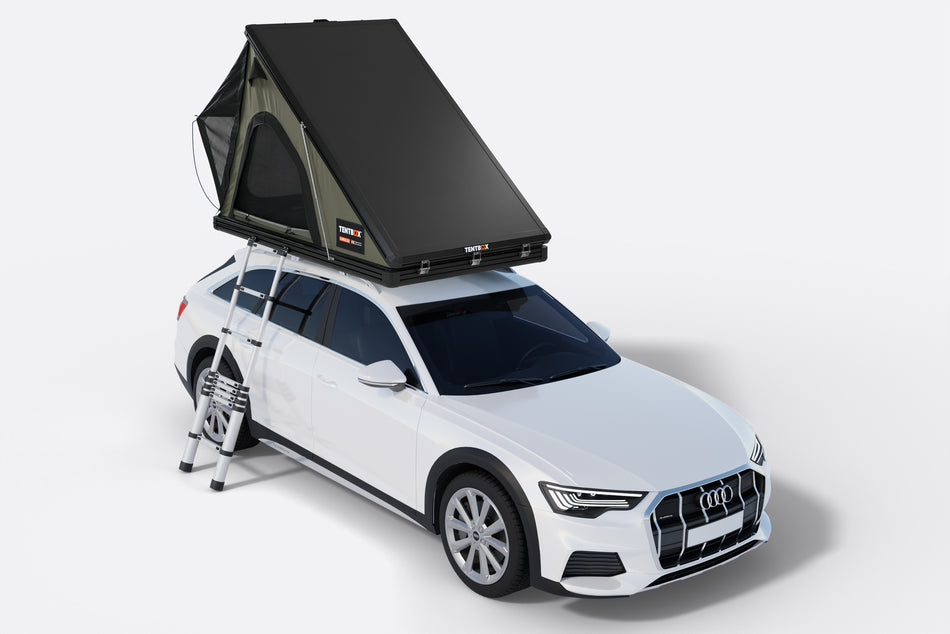 White Audi SUV with a black rooftop tent on a white background