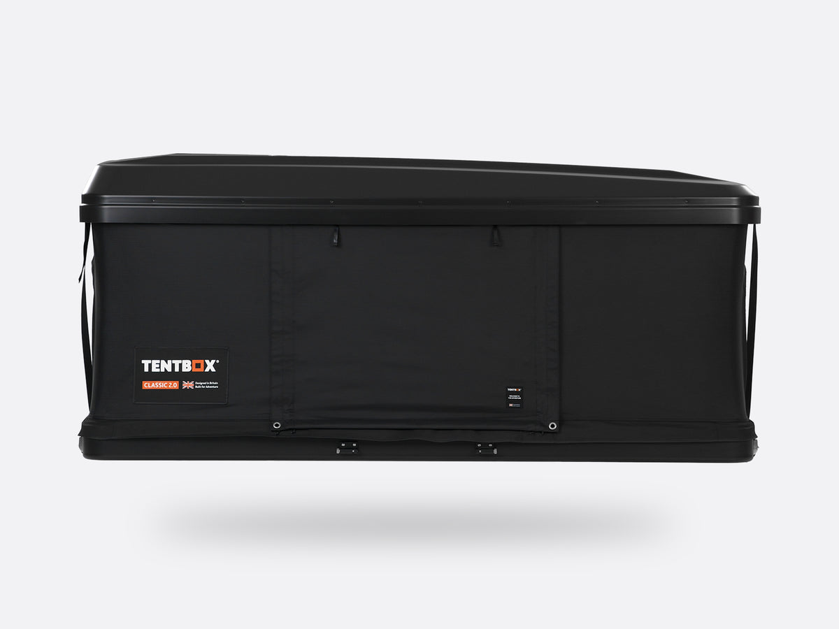 Black rooftop tent box with 'TENTBOX' branding on a white background