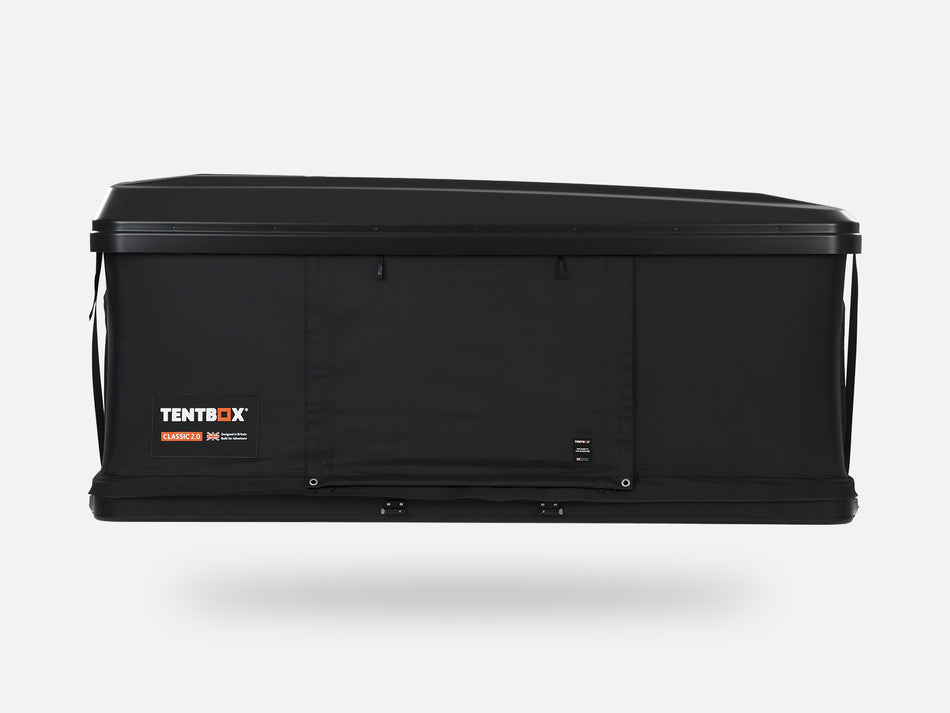 Black rooftop tent box with 'TENTBOX' branding on a white background
