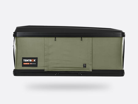 Green rooftop tent with black trim on a white background