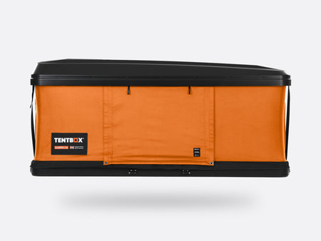 An orange and black TENTBOX Hammock Pro 200X tent shown from the front against a light gray background.