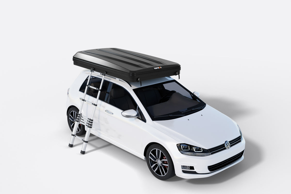 White car with a rooftop tent on a white background