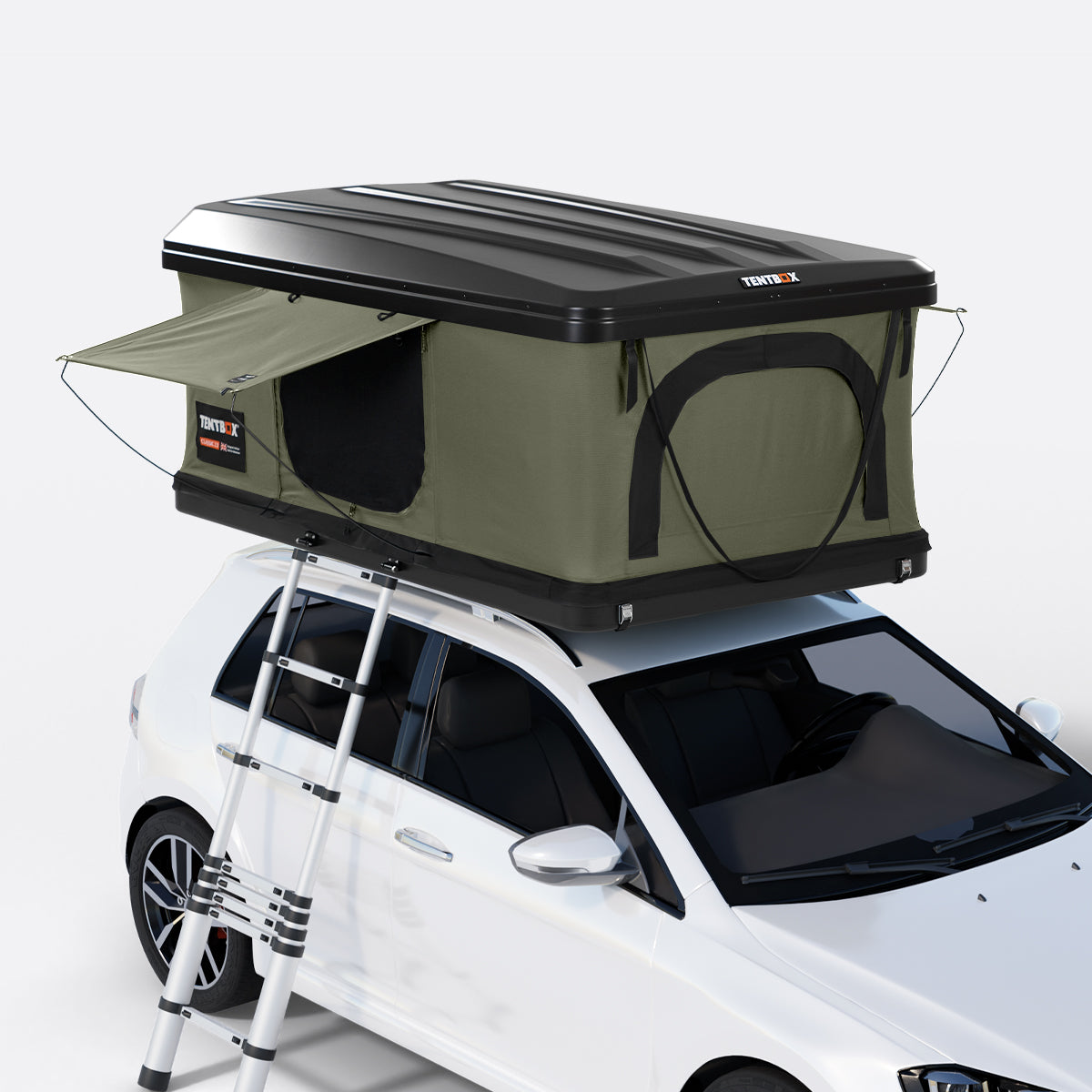 Roof top tent attached to a white car with ladder on a white background