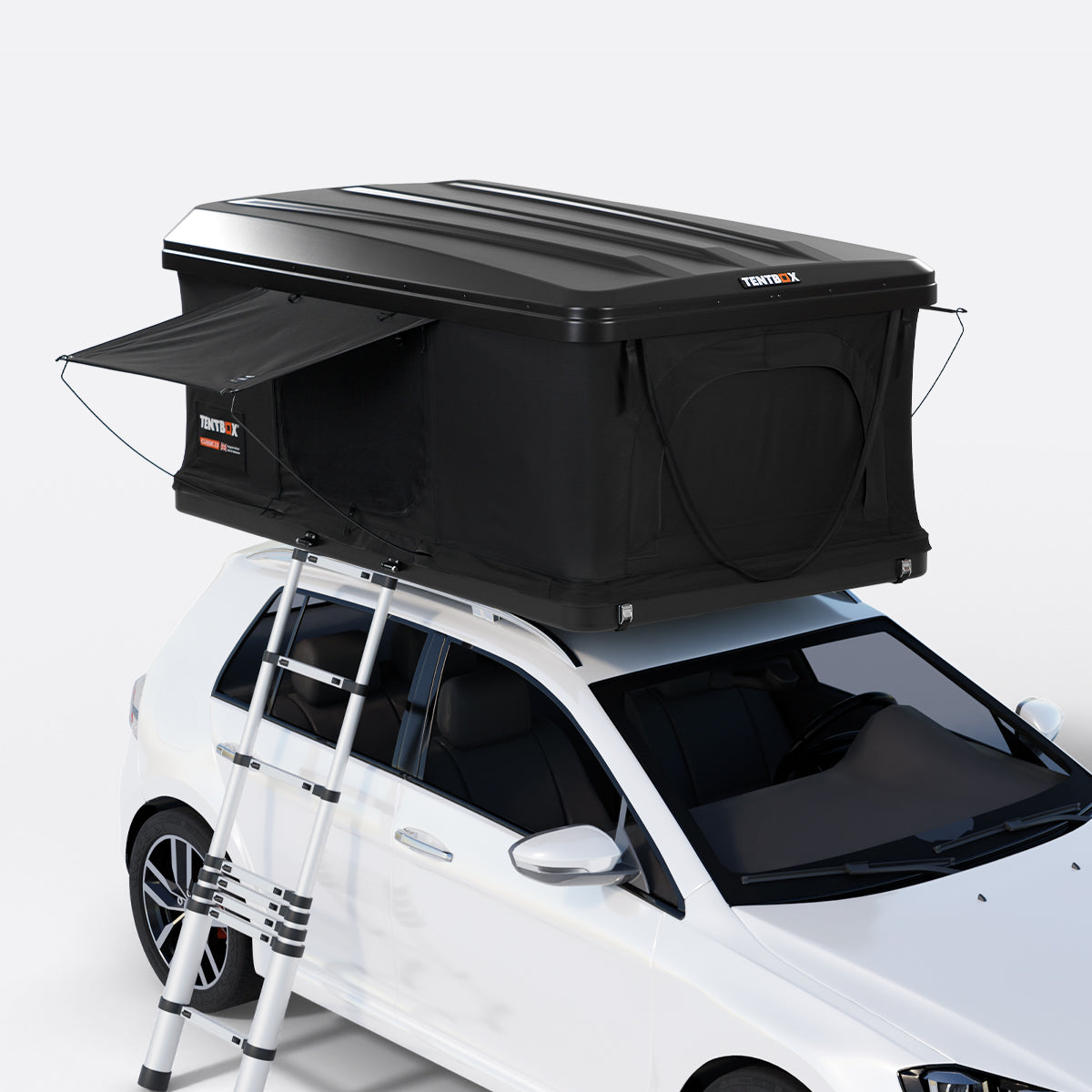 Black rooftop tent attached to a white car with a ladder on a white background