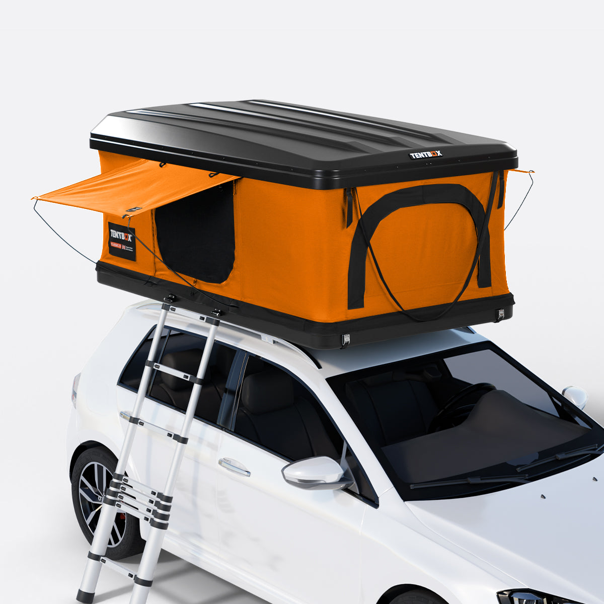 Orange rooftop tent on a white car with a ladder