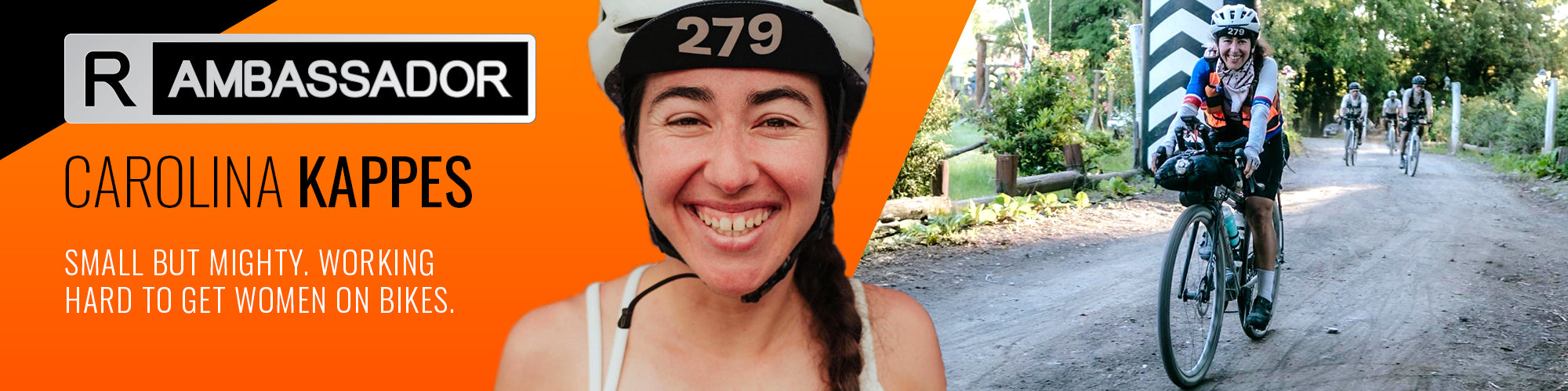 Woman smiling with a cyclist in the background on a dirt road, featuring 'R Ambassador' branding.