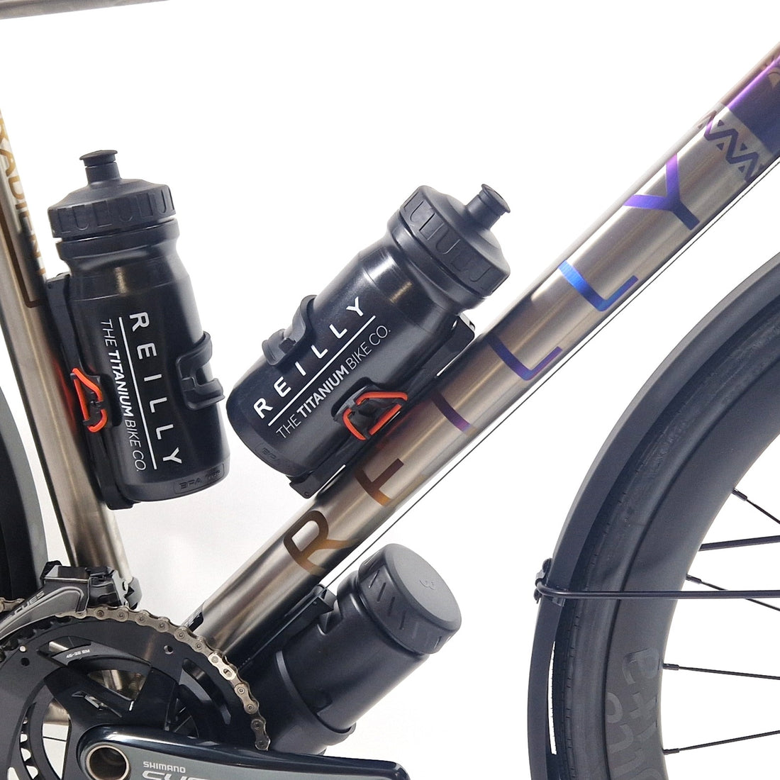 Bicycle with Reilly Titanium water bottles attached to the frame.