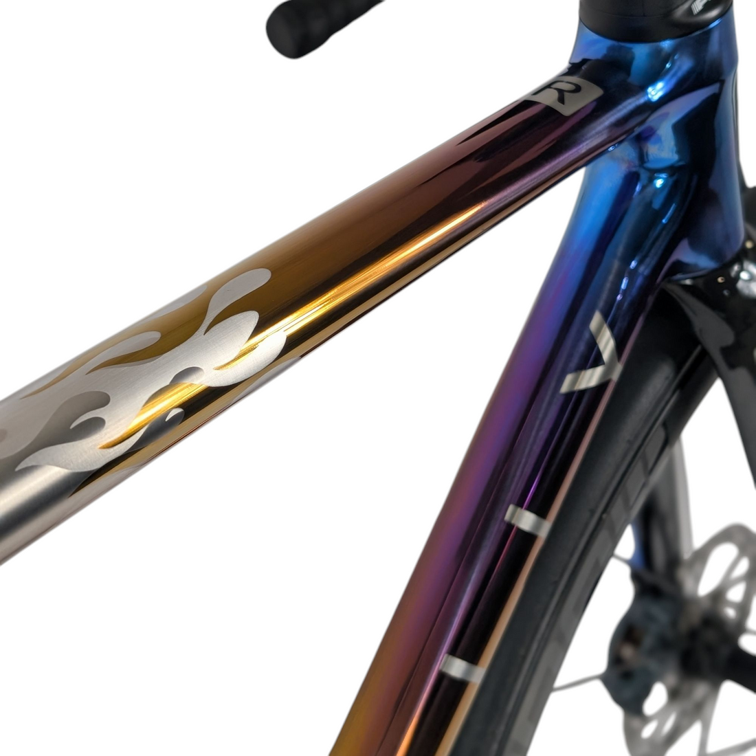 custom fire and flames decal on a titanium bike 