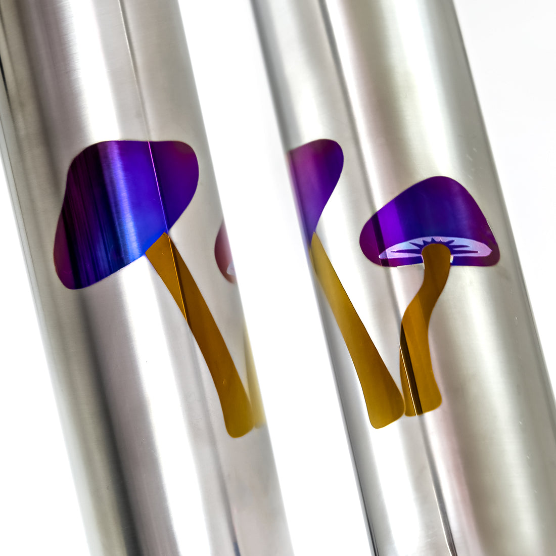 Mushroom patterns printed onto a titanium bike frame