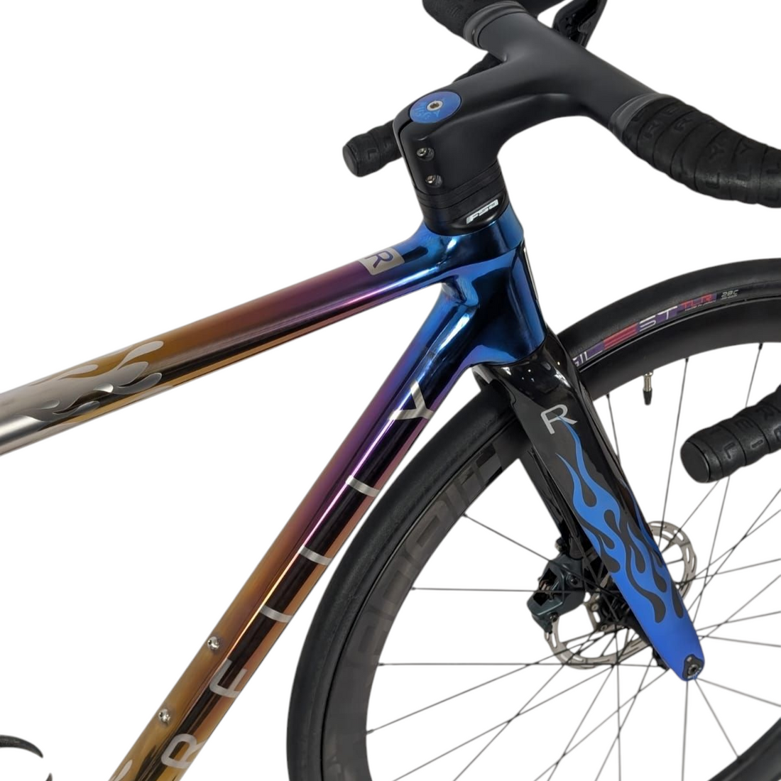 Custom painted titanium bike with fiery flame decals 