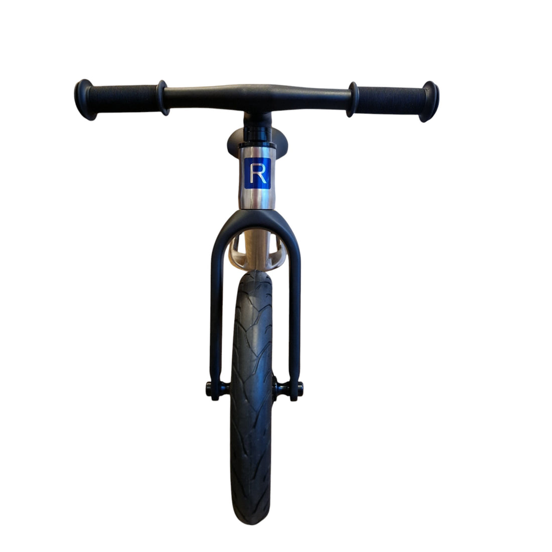 Bicycle handlebar with black grips and a blue 'R' logo on a white background