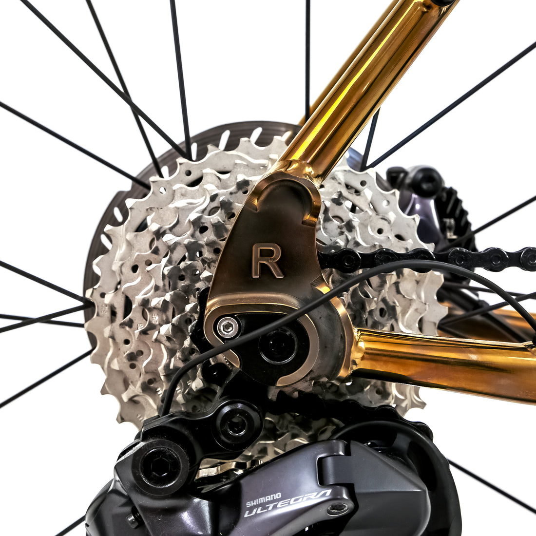 Polished gold Reilly road bike rear trianle and "R" logo on dropouts
