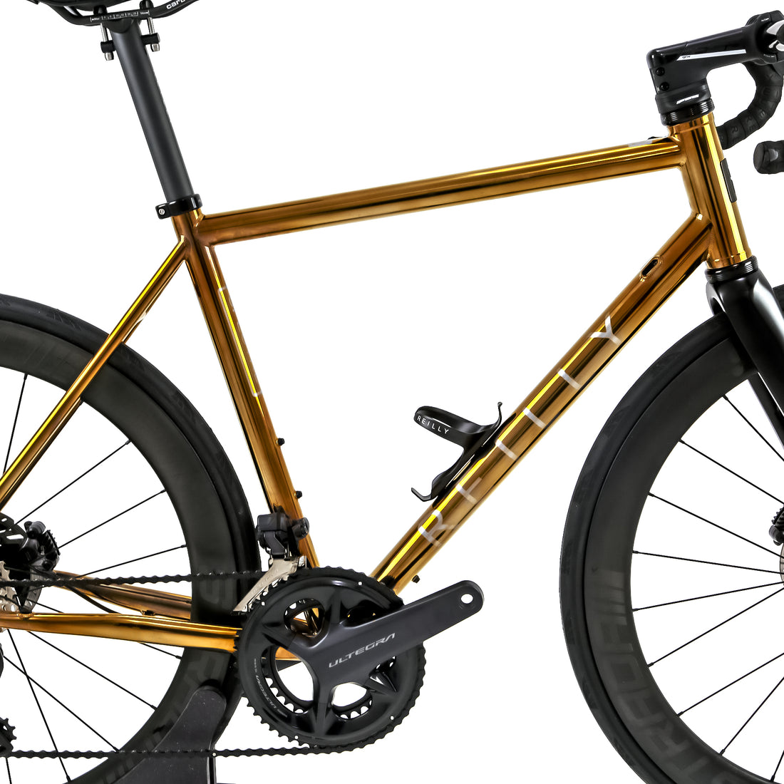 Polished gold Reilly road bike with a Shimano Ultegra groupset on 